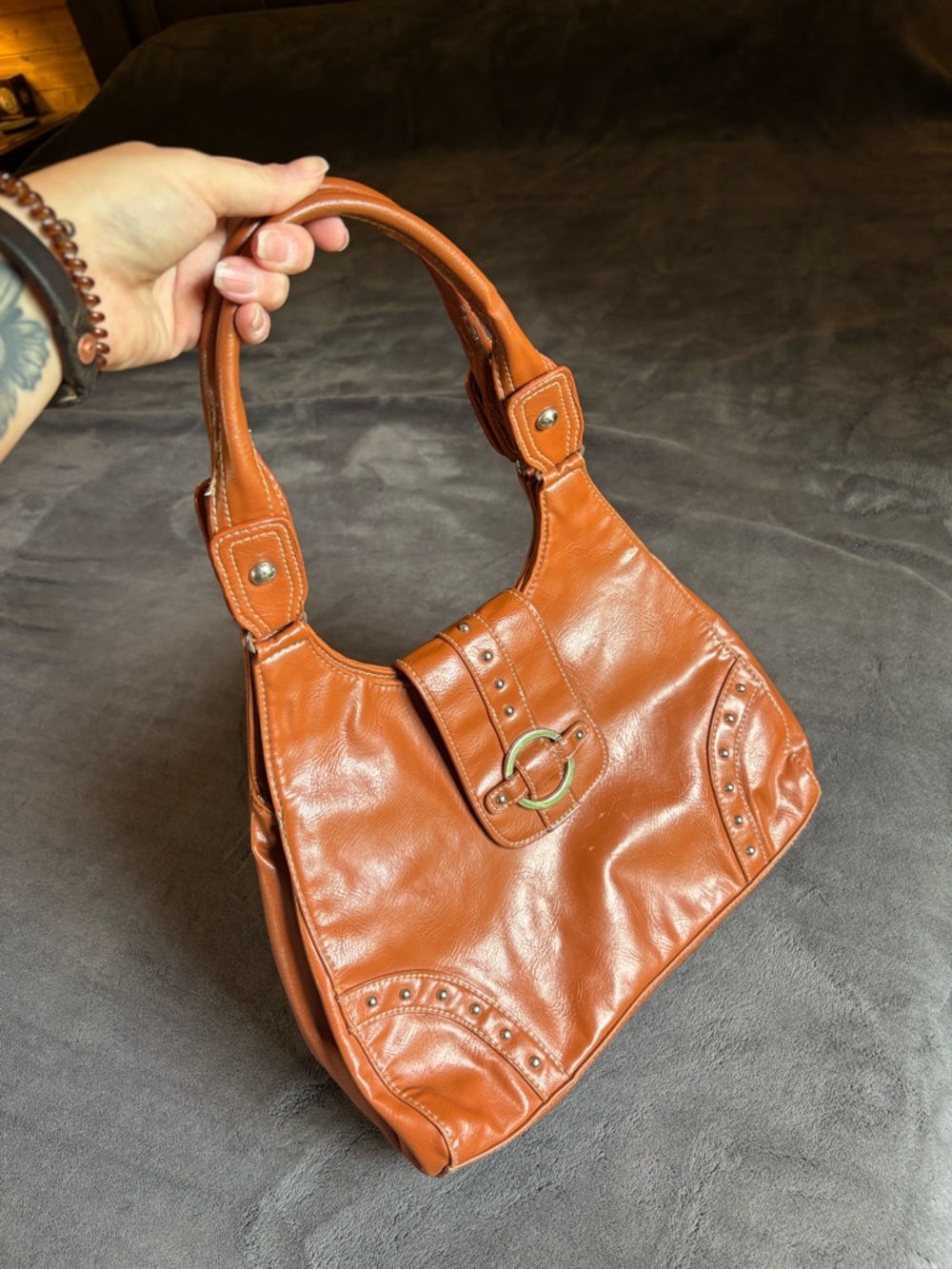 Women’s St John’s Bay Brown Faux Leather Studded Shoulder Bag, spotless inside - Picture 2 of 11